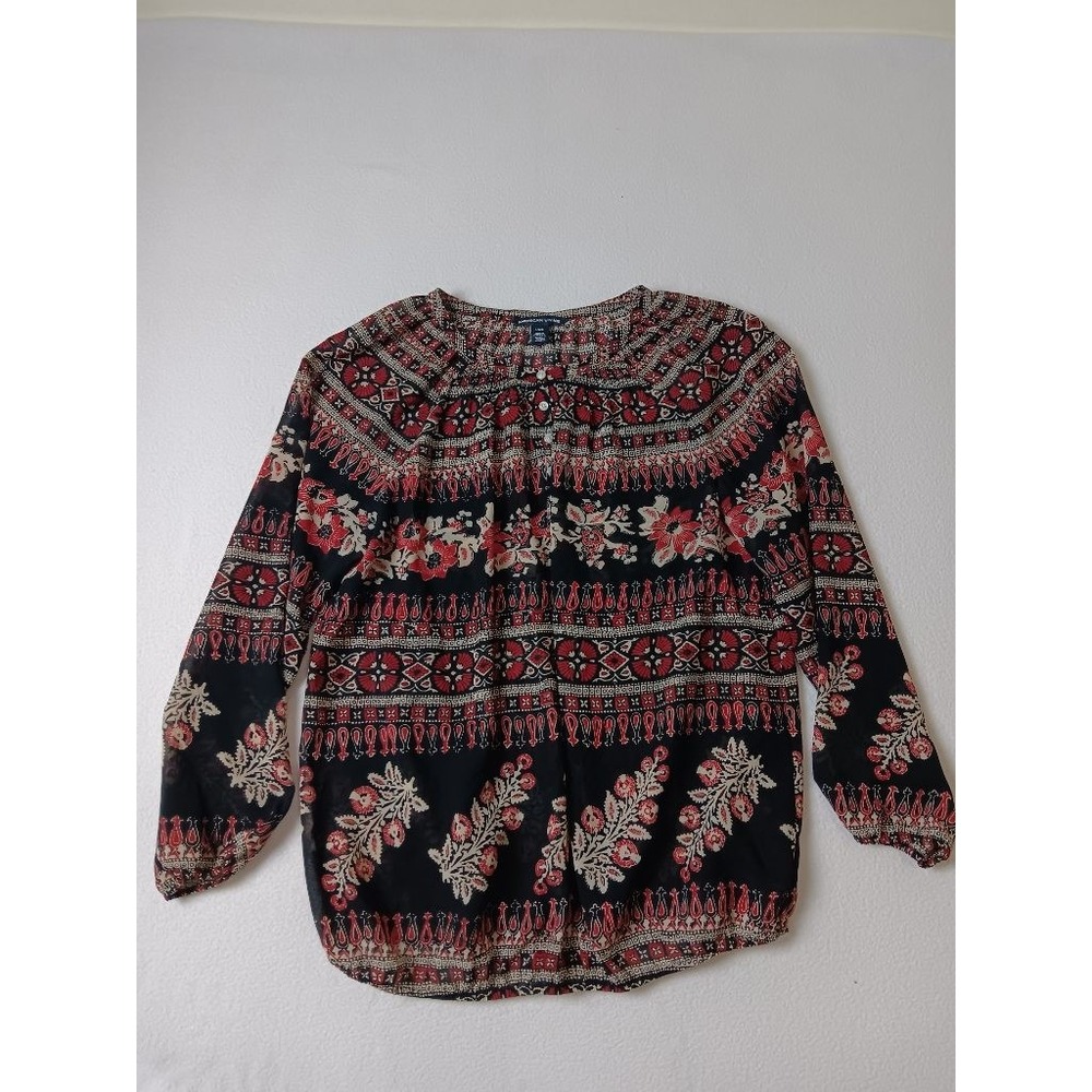 American Living Womens L Floral Paisley Peasant Blouse Black Red Long Sleeve
